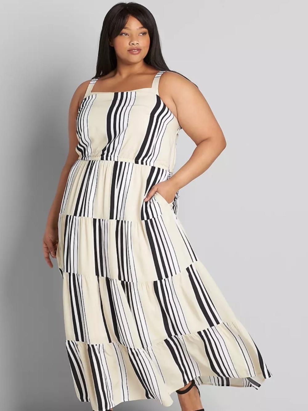Lane Bryant Sz 18 Butter Yellow, Black and White Stripe Flowy Maxi Dress